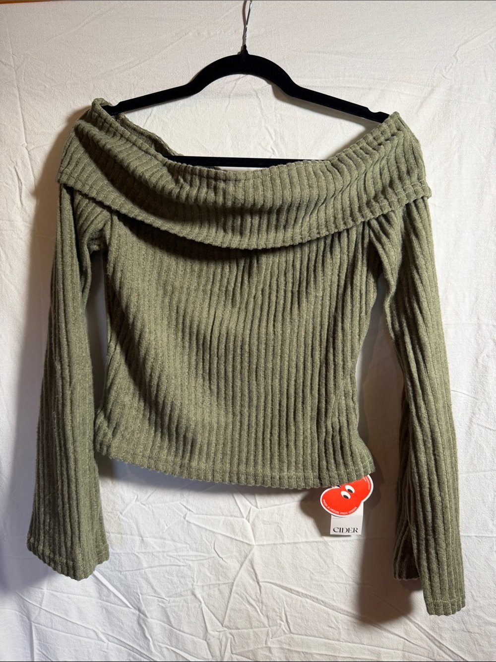 Cider Olive Green Ribbed Off-Shoulder Sweater